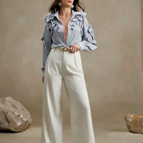 Women's Loose Khaki Handmade 3D Floral Feather Wheat Design Turndown - Picture 7 of 8